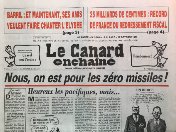 Couac ! | N° 3286 du Canard Enchaîné - 19 Octobre 1983 | Nos Exemplaires du Canard Enchaîné sont archivés dans de bonnes conditions de conservation (obscurité, hygrométrie maitrisée et faible température), ce qui s'avère indispensable pour des journaux anciens. | 3286