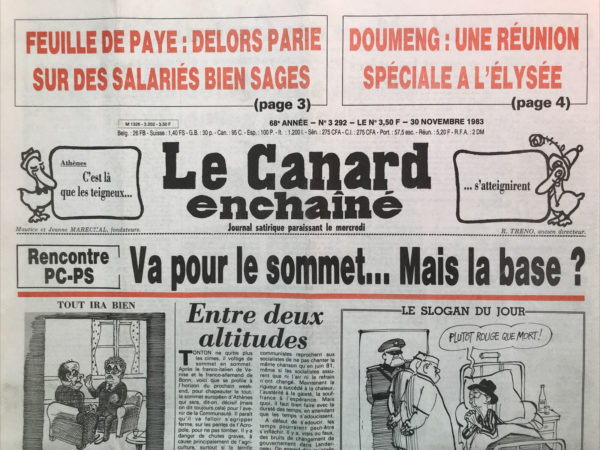 Couac ! | N° 3292 du Canard Enchaîné - 30 Novembre 1983 | Nos Exemplaires du Canard Enchaîné sont archivés dans de bonnes conditions de conservation (obscurité, hygrométrie maitrisée et faible température), ce qui s'avère indispensable pour des journaux anciens. | 3292