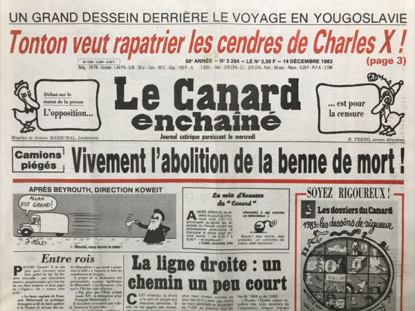 Couac ! | N° 3294 du Canard Enchaîné - 14 Décembre 1983 | Nos Exemplaires du Canard Enchaîné sont archivés dans de bonnes conditions de conservation (obscurité, hygrométrie maitrisée et faible température), ce qui s'avère indispensable pour des journaux anciens. | 3294