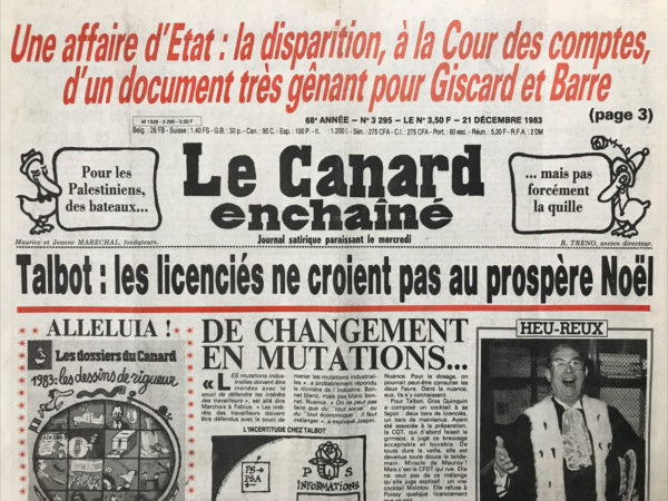 Couac ! | N° 3295 du Canard Enchaîné - 21 Décembre 1983 | La France, en pleine crise pétrolière, est prête à tout pour trouver l’or noir. C’est dans ce contexte que l’entreprise Elf Aquitaine et l’État français se laissent berner par deux escrocs. Fin 1976, Aldo Bonassoli et Alain de Villegas se rendent chez Elf avec une prétendue découverte : un appareil capable de détecter les gisements de pétrole. Le système repose sur un dispositif embarqué dans un avion. Un simple survol permettrait de localiser les gisements jusqu’à plusieurs milliers de mètres sous terre. Grâce à un essai truqué, l’entreprise Elf se fait duper et Giscard donne son feu vert. C’est en 1979 que la supercherie est découverte mais seule une partie de l’argent versée est récupérée. L’affaire est enterrée, classée secret-défense. Le 21 décembre 1983, Le Canard enchaîné révèle au grand public une partie de l’affaire. L’expression des « avions renifleurs » est utilisée pour la première fois par Pierre Péan, journaliste d’investigation. | 3295