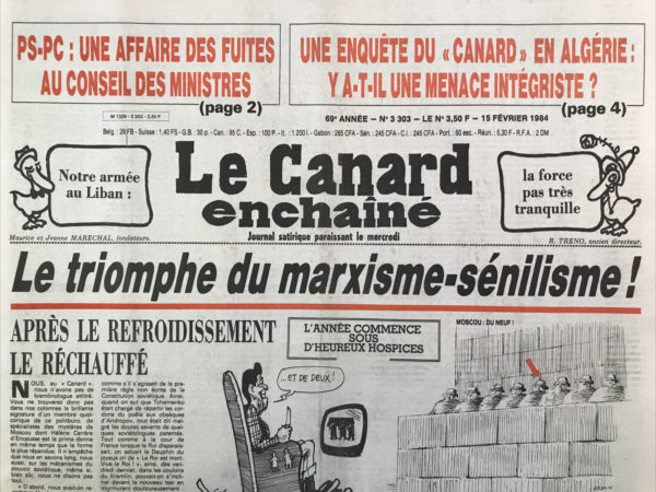 Couac ! | N° 3303 du Canard Enchaîné - 15 Février 1984 | Notre armée au Liban : la force pas très tranquille - école privée contre école publique : les jésuiteries dans la bataille - France USA Liban  : Reagan rengaine sans sommation - moins de suppression d'emplois que prévu  : Citroën ronge son frein - l'expérience du minitel  : branchés mais déçus - L'Algérie entre l'imam et le technocrate  : les intégristes ont coupé leur barbe mais Chadli se fait les cheveux -  théâtre : le tartuffe avec Depardieu au théâtre de la ville -  la pyramide : qui a peur... Du grand méchant Louvre  ? | 3303