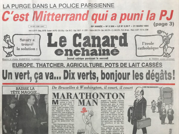 Couac ! | N° 3308 du Canard Enchaîné - 21 Mars 1984 | La purge dans la police parisienne  : c'est Mitterrand qui a puni la PJ -  la valse des superflics  : c'est la fête à Gaston ! École privée : le gouvernement n'arrive pas à se faire une religion - La CGE attendait Saint Gobain au coin de la bourse  : un groupe nationalisé voulait en pigeonner un autre - Après la sécheresse : L'Afrique inondée de médicaments - Cinéma : Carmen (au grand air) de Francesco rosi - | 3308