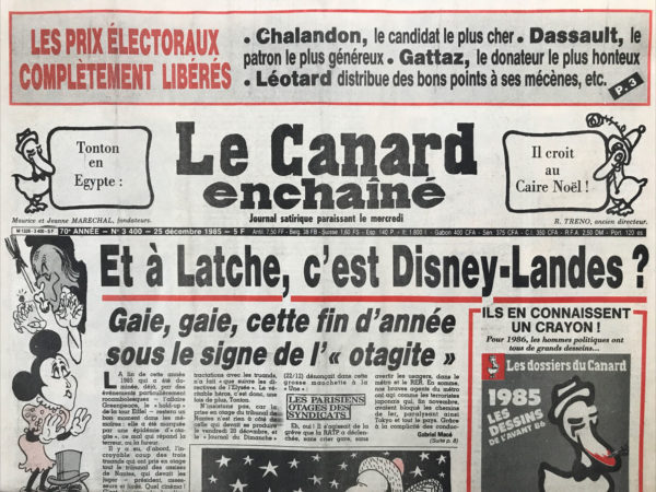 Couac ! | N° 3400 du Canard Enchaîné - 25 Décembre 1985 | Nos Exemplaires du Canard Enchaîné sont archivés dans de bonnes conditions de conservation (obscurité, hygrométrie maitrisée et faible température), ce qui s'avère indispensable pour des journaux anciens. | 33400