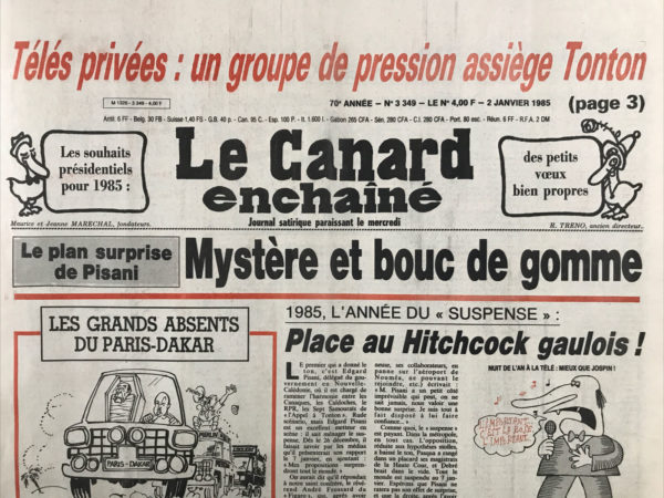 Couac ! | N° 3349 du Canard Enchaîné - 2 Janvier 1985 | Nos Exemplaires du Canard Enchaîné sont archivés dans de bonnes conditions de conservation (obscurité, hygrométrie maitrisée et faible température), ce qui s'avère indispensable pour des journaux anciens. | 3349