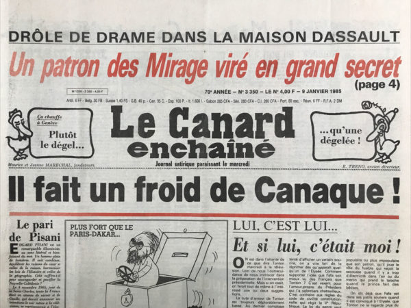 Couac ! | N° 3350 du Canard Enchaîné - 9 Janvier 1985 | Nos Exemplaires du Canard Enchaîné sont archivés dans de bonnes conditions de conservation (obscurité, hygrométrie maitrisée et faible température), ce qui s'avère indispensable pour des journaux anciens. | 3350