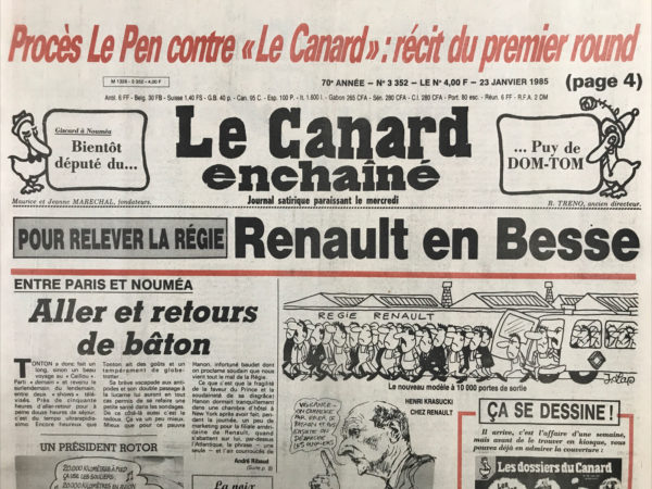 Couac ! | N° 3352 du Canard Enchaîné - 23 Janvier 1985 | Nos Exemplaires du Canard Enchaîné sont archivés dans de bonnes conditions de conservation (obscurité, hygrométrie maitrisée et faible température), ce qui s'avère indispensable pour des journaux anciens. | 3352