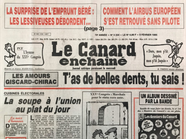 Couac ! | N° 3354 du Canard Enchaîné - 6 Février 1985 | Nos Exemplaires du Canard Enchaîné sont archivés dans de bonnes conditions de conservation (obscurité, hygrométrie maitrisée et faible température), ce qui s'avère indispensable pour des journaux anciens. | 3354