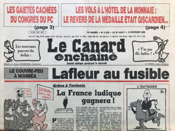 Couac ! | N° 3355 du Canard Enchaîné - 13 Février 1985 | Nos Exemplaires du Canard Enchaîné sont archivés dans de bonnes conditions de conservation (obscurité, hygrométrie maitrisée et faible température), ce qui s'avère indispensable pour des journaux anciens. | 3355