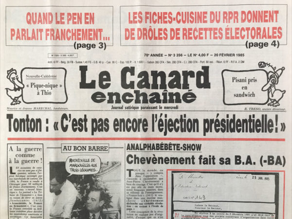 Couac ! | N° 3356 du Canard Enchaîné - 20 Février 1985 | Nos Exemplaires du Canard Enchaîné sont archivés dans de bonnes conditions de conservation (obscurité, hygrométrie maitrisée et faible température), ce qui s'avère indispensable pour des journaux anciens. | 3356