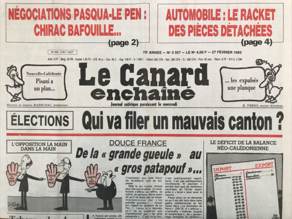 Couac ! | N° 3357 du Canard Enchaîné - 27 Février 1985 | Nos Exemplaires du Canard Enchaîné sont archivés dans de bonnes conditions de conservation (obscurité, hygrométrie maitrisée et faible température), ce qui s'avère indispensable pour des journaux anciens. | 3357