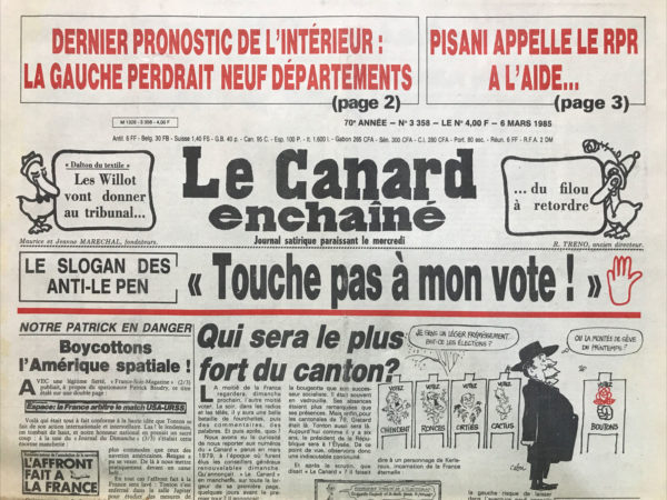 Couac ! | N° 3358 du Canard Enchaîné - 6 Mars 1985 | Nos Exemplaires du Canard Enchaîné sont archivés dans de bonnes conditions de conservation (obscurité, hygrométrie maitrisée et faible température), ce qui s'avère indispensable pour des journaux anciens. | 3358