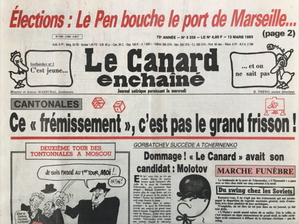 Couac ! | N° 3359 du Canard Enchaîné - 13 Mars 1985 | Nos Exemplaires du Canard Enchaîné sont archivés dans de bonnes conditions de conservation (obscurité, hygrométrie maitrisée et faible température), ce qui s'avère indispensable pour des journaux anciens. | 3359