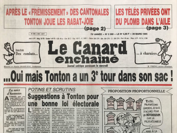 Couac ! | N° 3360 du Canard Enchaîné - 20 Mars 1985 | Nos Exemplaires du Canard Enchaîné sont archivés dans de bonnes conditions de conservation (obscurité, hygrométrie maitrisée et faible température), ce qui s'avère indispensable pour des journaux anciens. | 3360