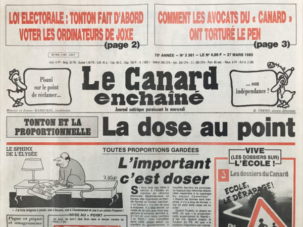 Couac ! | N° 3361 du Canard Enchaîné - 27 Mars 1985 | Nos Exemplaires du Canard Enchaîné sont archivés dans de bonnes conditions de conservation (obscurité, hygrométrie maitrisée et faible température), ce qui s'avère indispensable pour des journaux anciens. | 3361