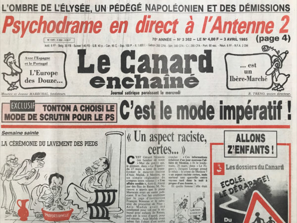 Couac ! | N° 3362 du Canard Enchaîné - 3 Avril 1985 | Nos Exemplaires du Canard Enchaîné sont archivés dans de bonnes conditions de conservation (obscurité, hygrométrie maitrisée et faible température), ce qui s'avère indispensable pour des journaux anciens. | 3362