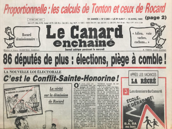 Couac ! | N° 3363 du Canard Enchaîné - 10 Avril 1985 | Nos Exemplaires du Canard Enchaîné sont archivés dans de bonnes conditions de conservation (obscurité, hygrométrie maitrisée et faible température), ce qui s'avère indispensable pour des journaux anciens. | 3363