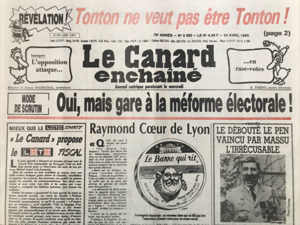 Couac ! | N° 3365 du Canard Enchaîné - 24 Avril 1985 | Nos Exemplaires du Canard Enchaîné sont archivés dans de bonnes conditions de conservation (obscurité, hygrométrie maitrisée et faible température), ce qui s'avère indispensable pour des journaux anciens. | 3365