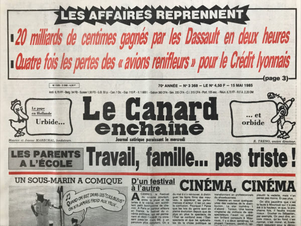 Couac ! | N° 3368 du Canard Enchaîné - 15 Mai 1985 | Nos Exemplaires du Canard Enchaîné sont archivés dans de bonnes conditions de conservation (obscurité, hygrométrie maitrisée et faible température), ce qui s'avère indispensable pour des journaux anciens. | 3368