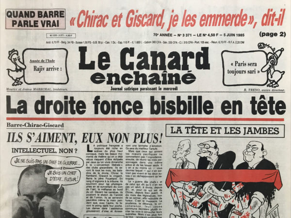 Couac ! | N° 3371 du Canard Enchaîné - 5 Juin 1985 | Nos Exemplaires du Canard Enchaîné sont archivés dans de bonnes conditions de conservation (obscurité, hygrométrie maitrisée et faible température), ce qui s'avère indispensable pour des journaux anciens. | 3371