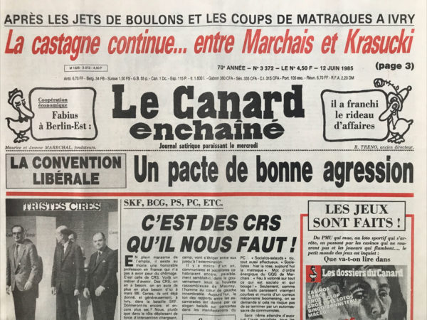 Couac ! | N° 3372 du Canard Enchaîné - 12 Juin 1985 | Nos Exemplaires du Canard Enchaîné sont archivés dans de bonnes conditions de conservation (obscurité, hygrométrie maitrisée et faible température), ce qui s'avère indispensable pour des journaux anciens. | 3372