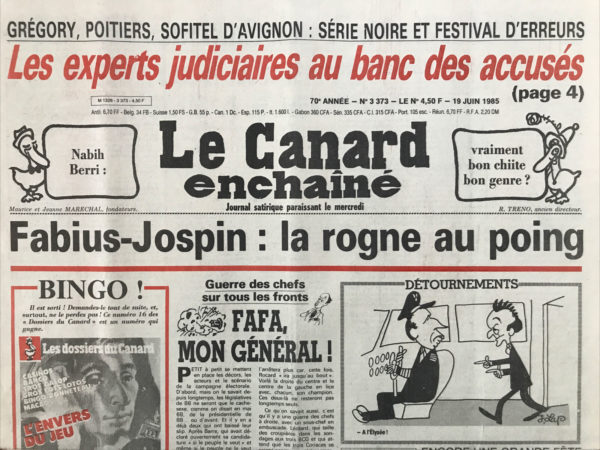 Couac ! | N° 3373 du Canard Enchaîné - 19 Juin 1985 | Nos Exemplaires du Canard Enchaîné sont archivés dans de bonnes conditions de conservation (obscurité, hygrométrie maitrisée et faible température), ce qui s'avère indispensable pour des journaux anciens. | 3373