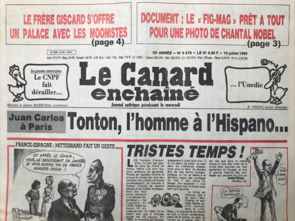 Couac ! | N° 3376 du Canard Enchaîné - 10 Juillet 1985 | Nos Exemplaires du Canard Enchaîné sont archivés dans de bonnes conditions de conservation (obscurité, hygrométrie maitrisée et faible température), ce qui s'avère indispensable pour des journaux anciens. | 3376