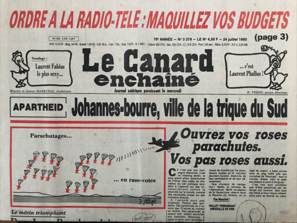 Couac ! | N° 3378 du Canard Enchaîné - 24 Juillet 1985 | Nos Exemplaires du Canard Enchaîné sont archivés dans de bonnes conditions de conservation (obscurité, hygrométrie maitrisée et faible température), ce qui s'avère indispensable pour des journaux anciens. | 3378