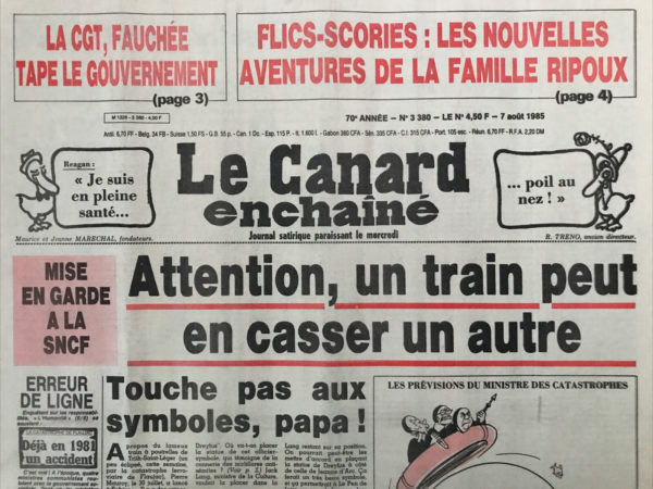 Couac ! | N° 3380 du Canard Enchaîné - 7 Août 1985 | Nos Exemplaires du Canard Enchaîné sont archivés dans de bonnes conditions de conservation (obscurité, hygrométrie maitrisée et faible température), ce qui s'avère indispensable pour des journaux anciens. | 3380