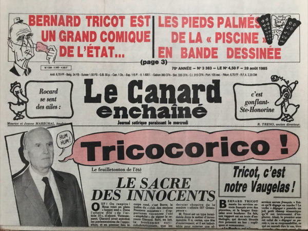 Couac ! | N° 3383 du Canard Enchaîné - 28 Août 1985 | Nos Exemplaires du Canard Enchaîné sont archivés dans de bonnes conditions de conservation (obscurité, hygrométrie maitrisée et faible température), ce qui s'avère indispensable pour des journaux anciens. | 3383