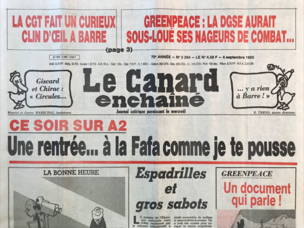 Couac ! | N° 3384 du Canard Enchaîné - 4 Septembre 1985 | Nos Exemplaires du Canard Enchaîné sont archivés dans de bonnes conditions de conservation (obscurité, hygrométrie maitrisée et faible température), ce qui s'avère indispensable pour des journaux anciens. | 3384