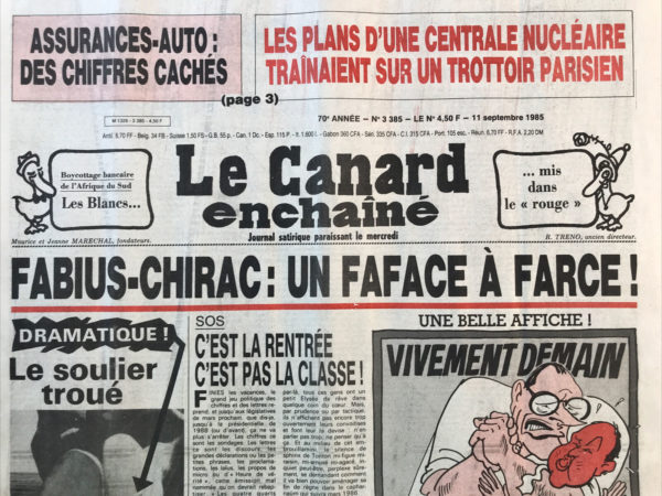 Couac ! | N° 3385 du Canard Enchaîné - 11 Septembre 1985 | Nos Exemplaires du Canard Enchaîné sont archivés dans de bonnes conditions de conservation (obscurité, hygrométrie maitrisée et faible température), ce qui s'avère indispensable pour des journaux anciens. | 3385