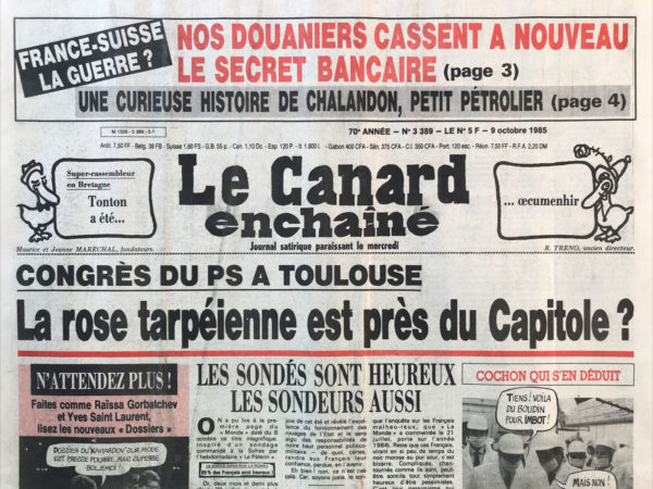 Couac ! | N° 3389 du Canard Enchaîné - 9 Octobre 1985 | Nos Exemplaires du Canard Enchaîné sont archivés dans de bonnes conditions de conservation (obscurité, hygrométrie maitrisée et faible température), ce qui s'avère indispensable pour des journaux anciens. | 3389