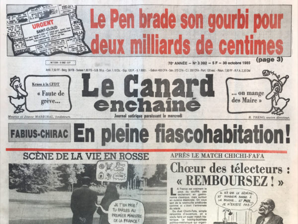 Couac ! | N° 3392 du Canard Enchaîné - 30 Octobre 1985 | Nos Exemplaires du Canard Enchaîné sont archivés dans de bonnes conditions de conservation (obscurité, hygrométrie maitrisée et faible température), ce qui s'avère indispensable pour des journaux anciens. | 3392