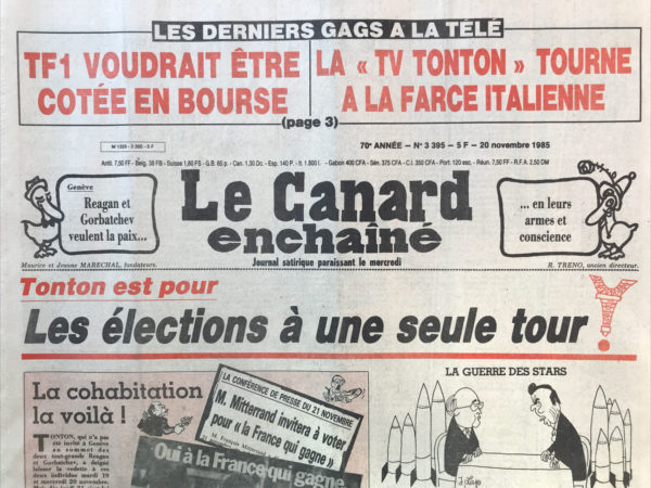 Couac ! | N° 3395 du Canard Enchaîné - 20 Novembre 1985 | Nos Exemplaires du Canard Enchaîné sont archivés dans de bonnes conditions de conservation (obscurité, hygrométrie maitrisée et faible température), ce qui s'avère indispensable pour des journaux anciens. | 3395