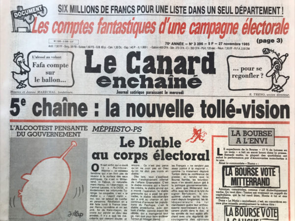 Couac ! | N° 3396 du Canard Enchaîné - 27 Novembre 1985 | Nos Exemplaires du Canard Enchaîné sont archivés dans de bonnes conditions de conservation (obscurité, hygrométrie maitrisée et faible température), ce qui s'avère indispensable pour des journaux anciens. | 3396