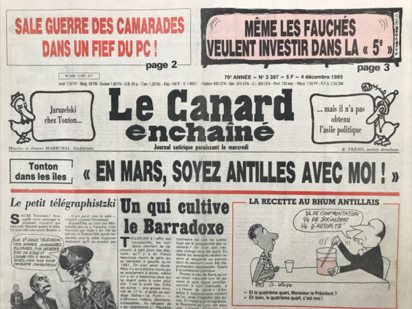 Couac ! | N° 3397 du Canard Enchaîné - 4 Décembre 1985 | Nos Exemplaires du Canard Enchaîné sont archivés dans de bonnes conditions de conservation (obscurité, hygrométrie maitrisée et faible température), ce qui s'avère indispensable pour des journaux anciens. | 3397