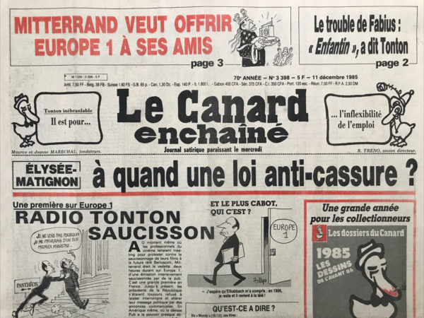 Couac ! | N° 3398 du Canard Enchaîné - 11 Décembre 1985 | Nos Exemplaires du Canard Enchaîné sont archivés dans de bonnes conditions de conservation (obscurité, hygrométrie maitrisée et faible température), ce qui s'avère indispensable pour des journaux anciens. | 3398