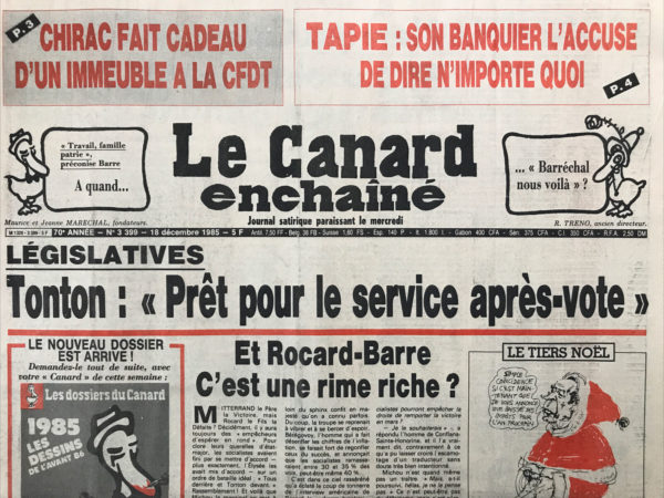 Couac ! | N° 3399 du Canard Enchaîné - 18 Décembre 1985 | Nos Exemplaires du Canard Enchaîné sont archivés dans de bonnes conditions de conservation (obscurité, hygrométrie maitrisée et faible température), ce qui s'avère indispensable pour des journaux anciens. | 3399