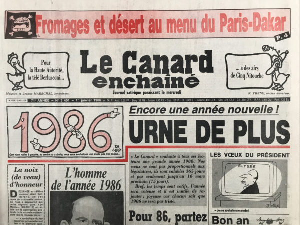 Couac ! | N° 3401 du Canard Enchaîné - 1 Janvier 1986 | Nos Exemplaires du Canard Enchaîné sont archivés dans de bonnes conditions de conservation (obscurité, hygrométrie maitrisée et faible température), ce qui s'avère indispensable pour des journaux anciens. | 3401