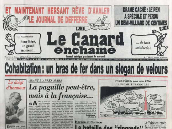 Couac ! | N° 3403 du Canard Enchaîné - 15 Janvier 1986 | Nos Exemplaires du Canard Enchaîné sont archivés dans de bonnes conditions de conservation (obscurité, hygrométrie maitrisée et faible température), ce qui s'avère indispensable pour des journaux anciens. | 3403