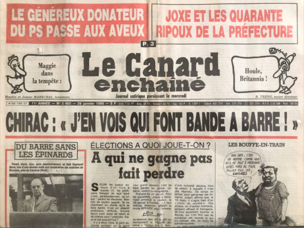 Couac ! | N° 3405 du Canard Enchaîné - 29 Janvier 1986 | Nos Exemplaires du Canard Enchaîné sont archivés dans de bonnes conditions de conservation (obscurité, hygrométrie maitrisée et faible température), ce qui s'avère indispensable pour des journaux anciens. | 3405