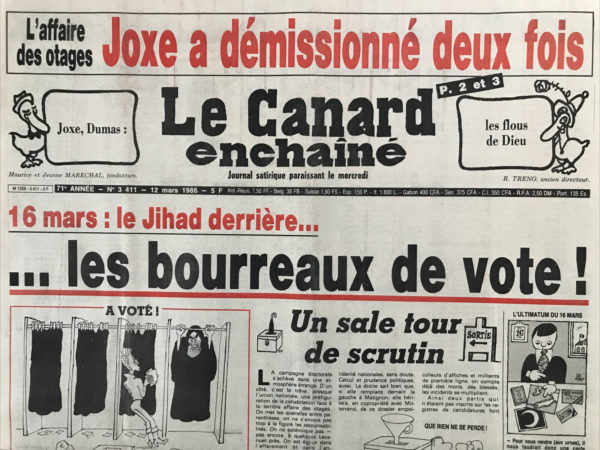 Couac ! | N° 3411 du Canard Enchaîné - 12 Mars 1986 | Nos Exemplaires du Canard Enchaîné sont archivés dans de bonnes conditions de conservation (obscurité, hygrométrie maitrisée et faible température), ce qui s'avère indispensable pour des journaux anciens. | 3411