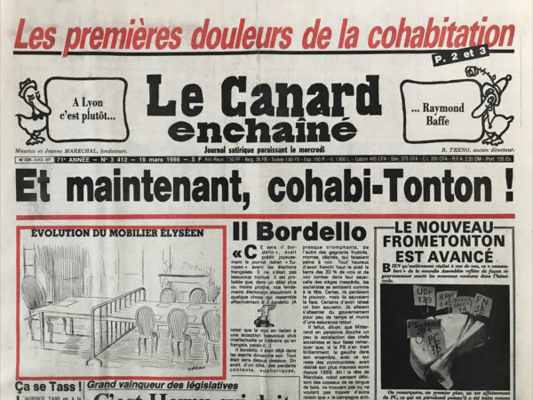 Couac ! | N° 3412 du Canard Enchaîné - 19 Mars 1986 | Nos Exemplaires du Canard Enchaîné sont archivés dans de bonnes conditions de conservation (obscurité, hygrométrie maitrisée et faible température), ce qui s'avère indispensable pour des journaux anciens. | 3412