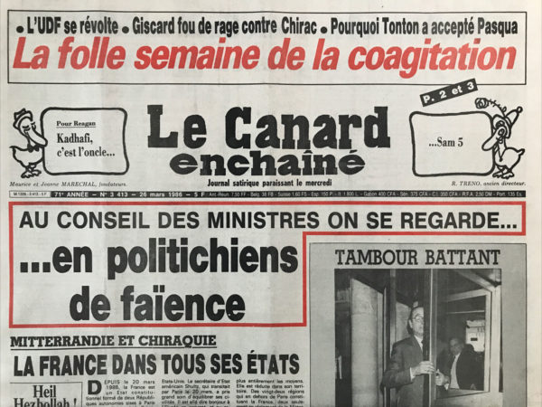 Couac ! | N° 3413 du Canard Enchaîné - 26 Mars 1986 | Nos Exemplaires du Canard Enchaîné sont archivés dans de bonnes conditions de conservation (obscurité, hygrométrie maitrisée et faible température), ce qui s'avère indispensable pour des journaux anciens. | 3413