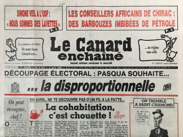 Couac ! | N° 3414 du Canard Enchaîné - 2 Avril 1986 | Nos Exemplaires du Canard Enchaîné sont archivés dans de bonnes conditions de conservation (obscurité, hygrométrie maitrisée et faible température), ce qui s'avère indispensable pour des journaux anciens. | 3414