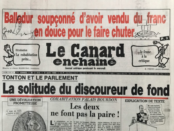 Couac ! | N° 3415 du Canard Enchaîné - 9 Avril 1986 | Nos Exemplaires du Canard Enchaîné sont archivés dans de bonnes conditions de conservation (obscurité, hygrométrie maitrisée et faible température), ce qui s'avère indispensable pour des journaux anciens. | 3415