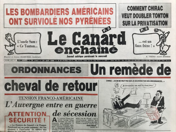 Couac ! | N° 3417 du Canard Enchaîné - 23 Avril 1986 | Nos Exemplaires du Canard Enchaîné sont archivés dans de bonnes conditions de conservation (obscurité, hygrométrie maitrisée et faible température), ce qui s'avère indispensable pour des journaux anciens. | 3417