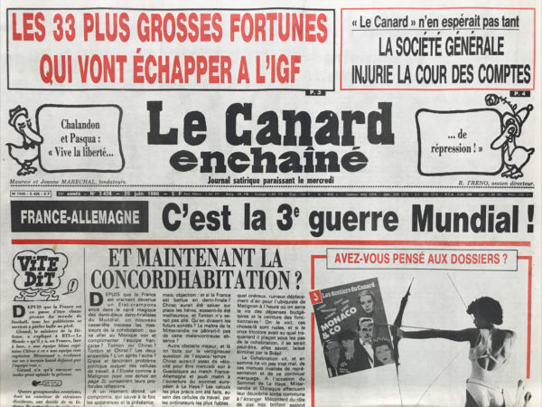 Couac ! | N° 3426 du Canard Enchaîné - 25 Juin 1986 | Nos Exemplaires du Canard Enchaîné sont archivés dans de bonnes conditions de conservation (obscurité, hygrométrie maitrisée et faible température), ce qui s'avère indispensable pour des journaux anciens. | 3426