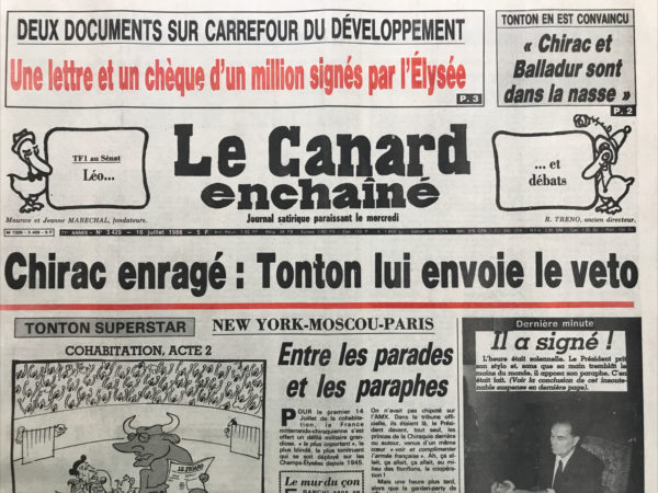 Couac ! | N° 3429 du Canard Enchaîné - 16 Juillet 1986 | Nos Exemplaires du Canard Enchaîné sont archivés dans de bonnes conditions de conservation (obscurité, hygrométrie maitrisée et faible température), ce qui s'avère indispensable pour des journaux anciens. | 3429