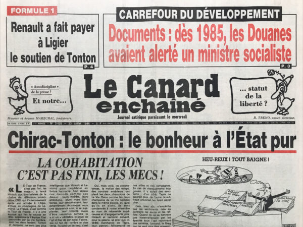 Couac ! | N° 3430 du Canard Enchaîné - 23 Juillet 1986 | Carrefour du développement : Dès 1985, les Douanes avaient alerté un ministre socialiste - Les feux rouges ne fonctionnaient pas au Carrefour du développement - Premières révélations du Canard sur les truanderies de l'équipe Chalier, chef de cabinet de Christian Nucci, au ministère de la coopération. La Direction des Douanes tire l'alarme sans succès. Le Carrefour du développement est une association fondée par le ministre Christian Nucci en 1983. | 3430